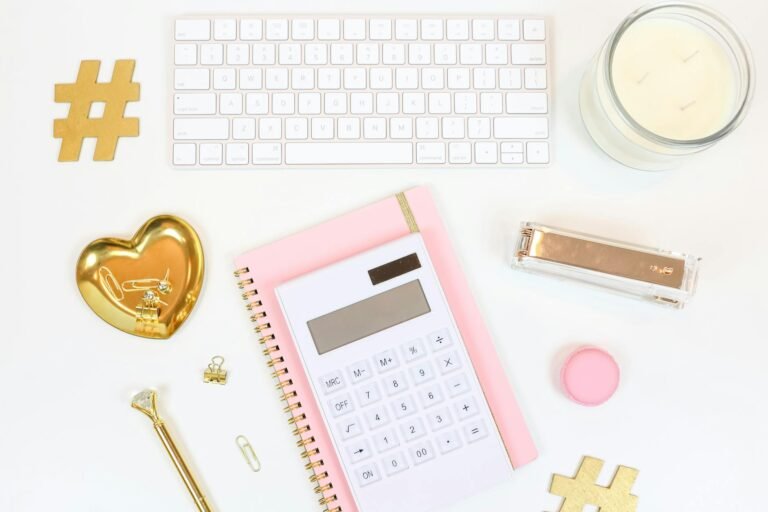 overhead shot of feminine office items